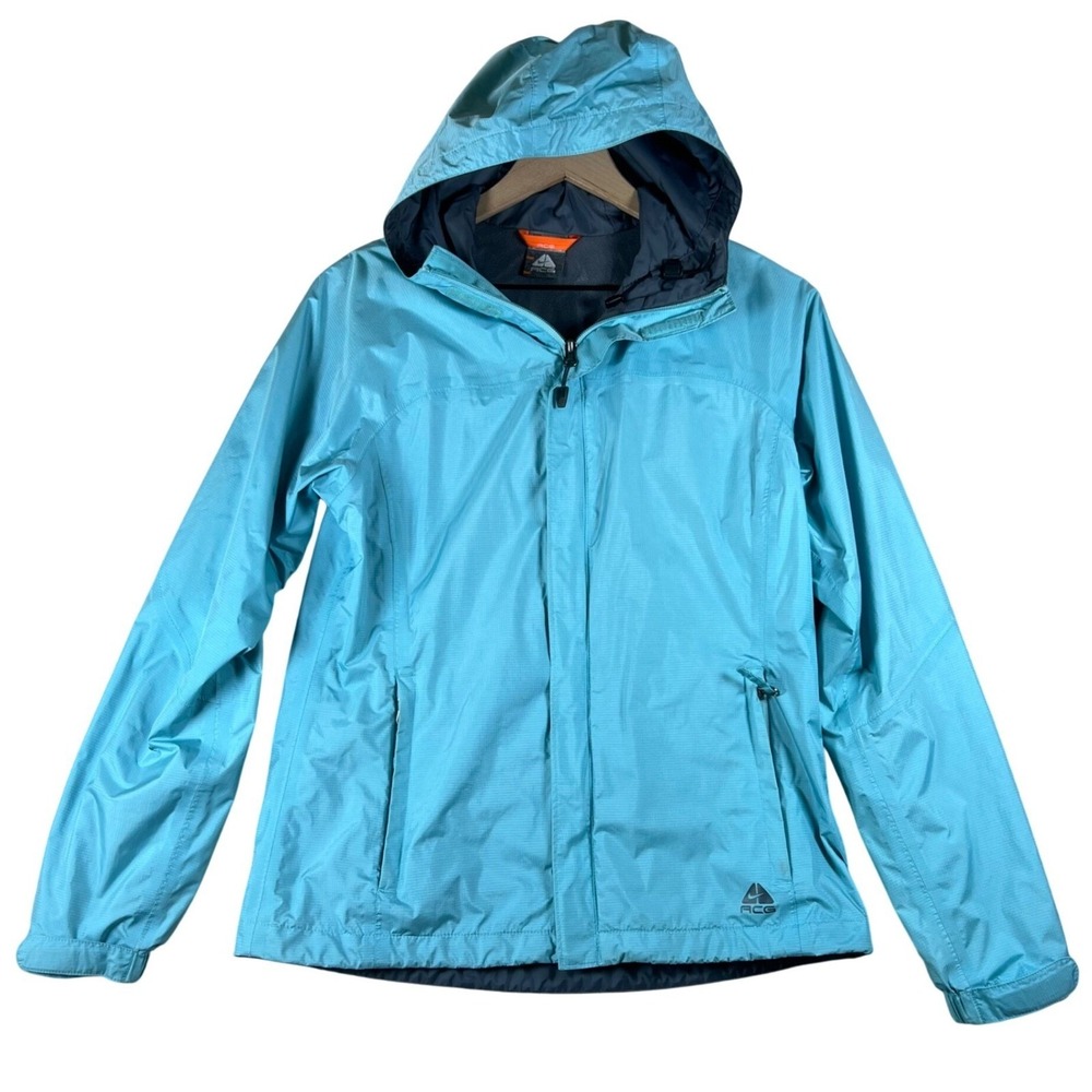Nike ACG Storm-FIT Women Small Turquoise Blue Ripstop Hooded Rain Jacket Zip Up